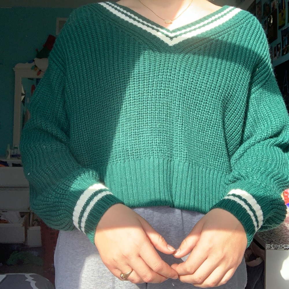 green knit sweater